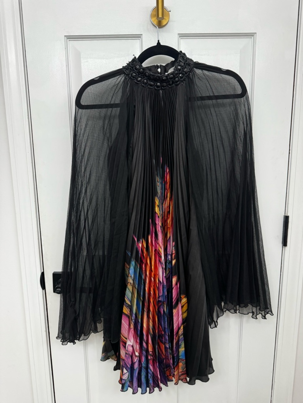 Alberto Makali Black Pleated Beaded Neckline Top